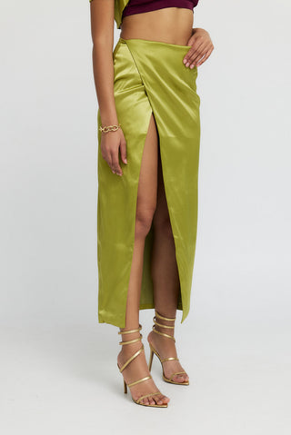 Cleo Chartreuse Satin Long Slit Maxi Skirt