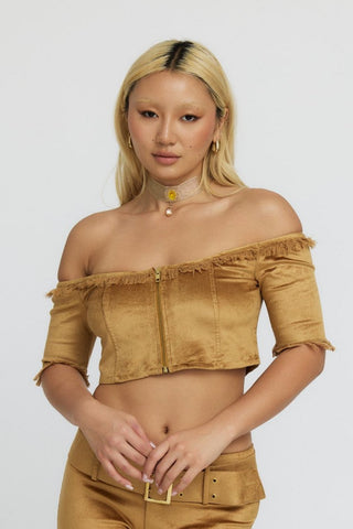 Off the Shoulder Gold Velvet Crop Top with 3/4 Sleeves "Harmonia"