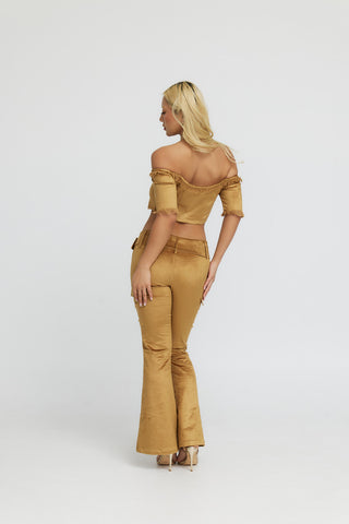Off the Shoulder Gold Velvet Crop Top with 3/4 Sleeves "Harmonia"
