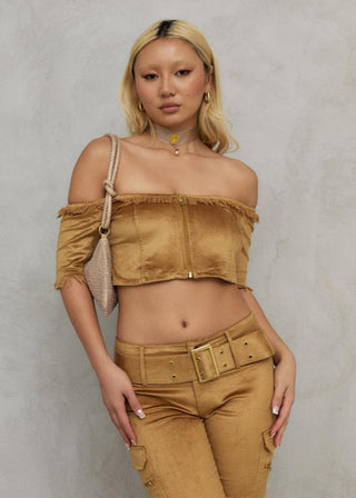 Off the Shoulder Gold Velvet Crop Top with 3/4 Sleeves "Harmonia"