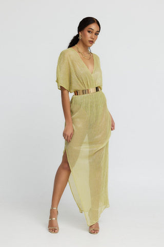 "Aphrodite" Sheer Lurex Maxi Dress in Chartreuse Green