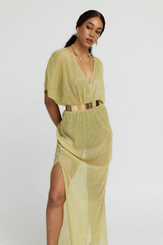 "Aphrodite" Sheer Lurex Maxi Dress in Chartreuse Green