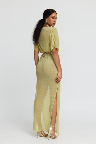 "Aphrodite" Sheer Lurex Maxi Dress in Chartreuse Green