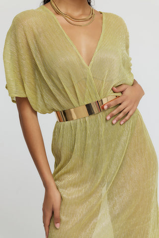 "Aphrodite" Sheer Lurex Maxi Dress in Chartreuse Green