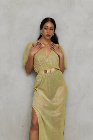 "Aphrodite" Sheer Lurex Maxi Dress in Chartreuse Green