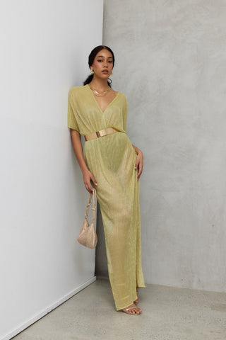 "Aphrodite" Sheer Lurex Maxi Dress in Chartreuse Green