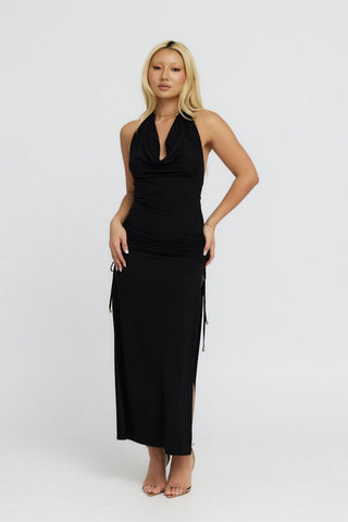 "Venus" Cowl Neck Halter Bamboo Jersey Maxi Dress in Black