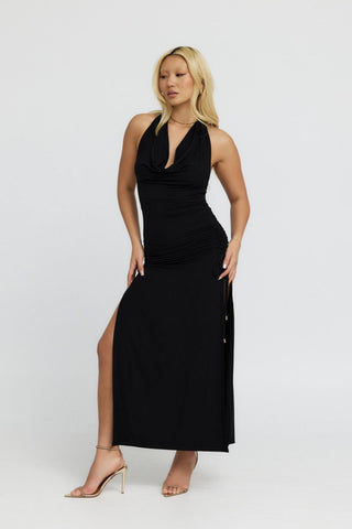 "Venus" Cowl Neck Halter Bamboo Jersey Maxi Dress in Black