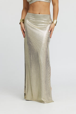 "Astraea" Metallic Maxi Skirt in Gold