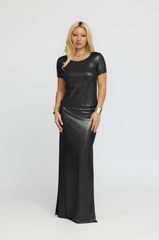 "Astraea" Metallic Maxi Skirt in Black