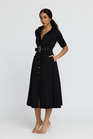 The "Kate" Midi Shirt Dress in Black
