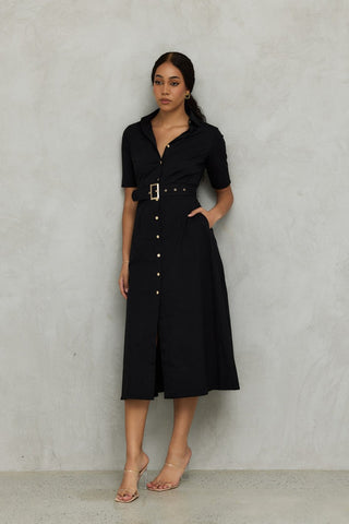 The "Kate" Midi Shirt Dress in Black