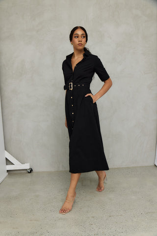 The "Kate" Midi Shirt Dress in Black