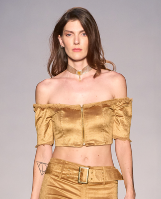 Off the Shoulder Gold Velvet Crop Top with 3/4 Sleeves "Harmonia"