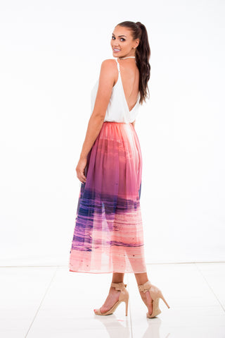 womens skirt chiffon wrap sunset print purple pink