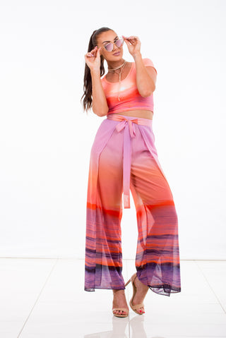 pants wrap chiffon sunrise print orange purple mauve