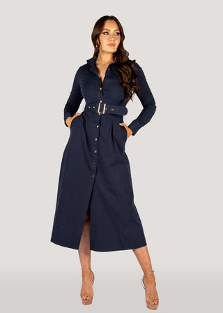 Why Mary classic navy blue middi shirt dress, corporate wear 
