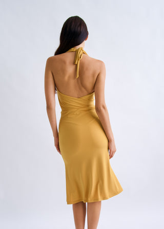 Why Mary 'Ri Ri' Mustard Cowl Neck Halter Dress