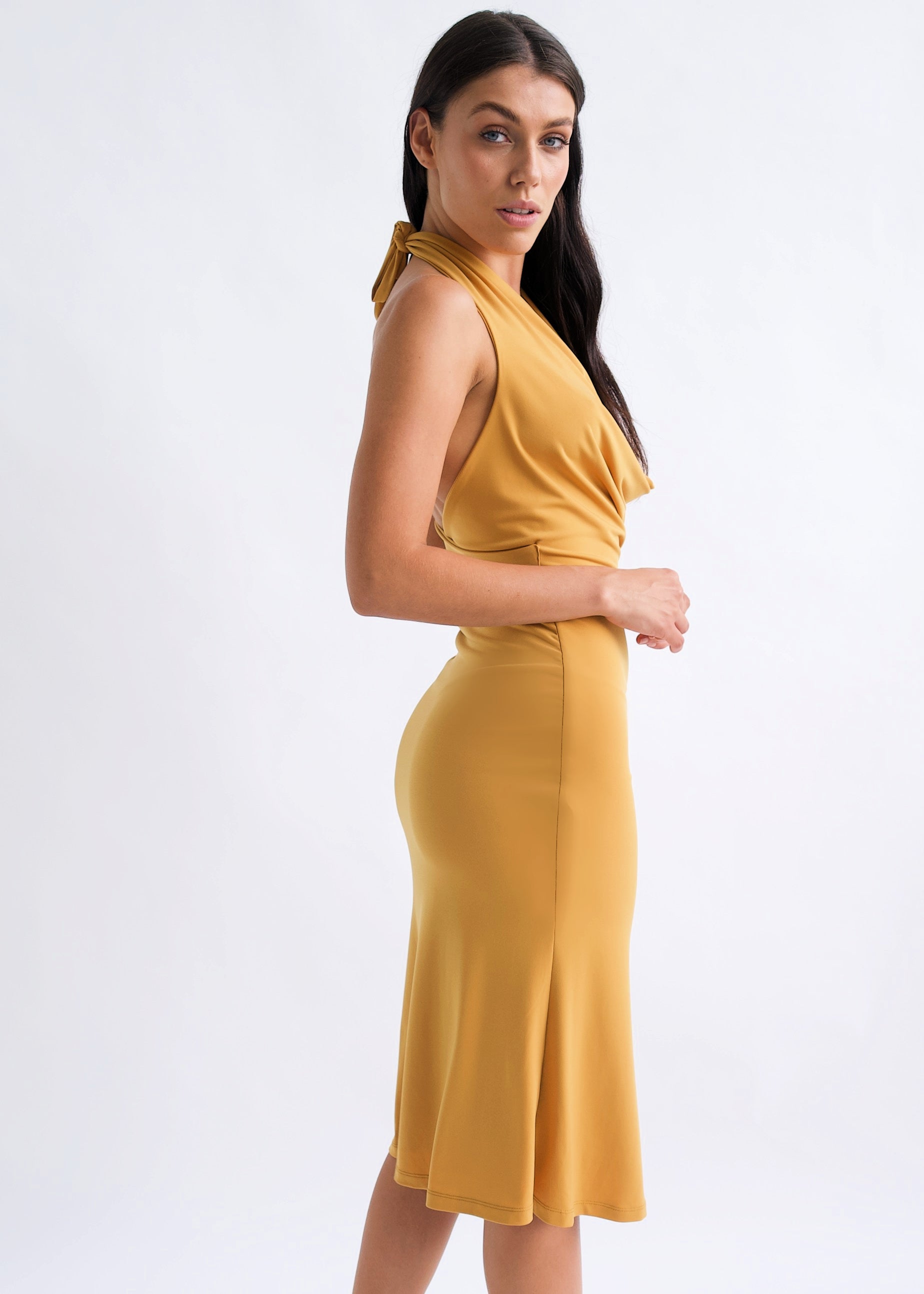 Why Mary 'Ri Ri' Mustard Cowl Neck Halter Dress Why Mary 'Ri Ri' Mustard Cowl Neck Halter Dress