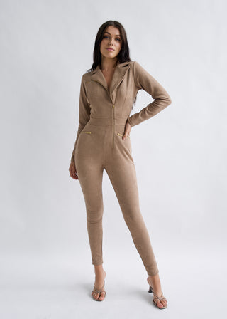 Why Mary "Emma Peel" Mocha Faux Suede Jumpsuit