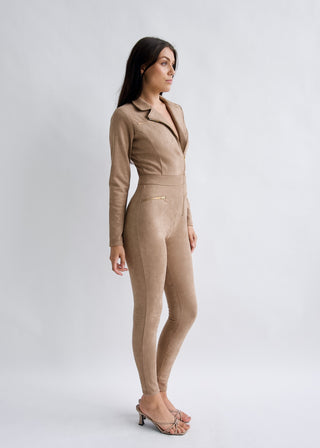 Why Mary "Emma Peel" Mocha Faux Suede Jumpsuit