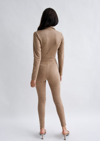Why Mary "Emma Peel" Mocha Faux Suede Jumpsuit