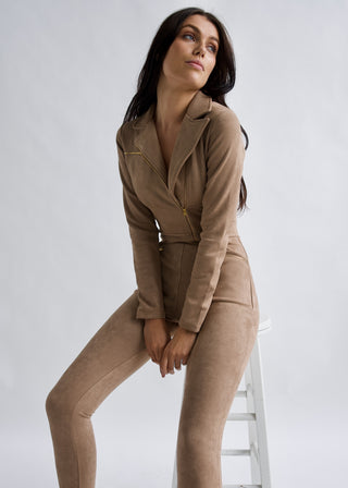 Why Mary "Emma Peel" Mocha Faux Suede Jumpsuit