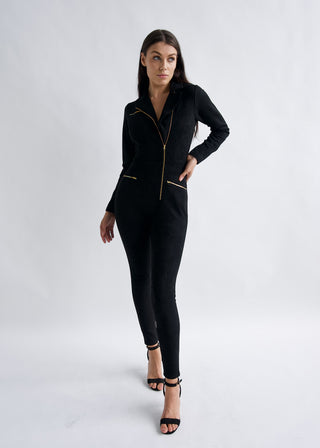 Why Mary "Emma Peel" Black Faux Suede Jumpsuit