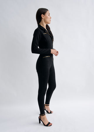 Why Mary "Emma Peel" Black Faux Suede Jumpsuit