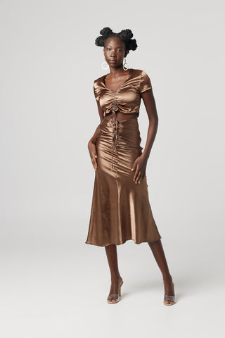 Shimmer Satin Rouched Skirt Chocolate